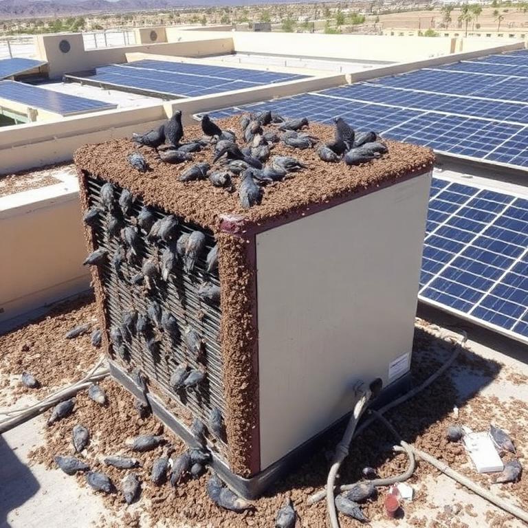 Pigeon droppings covering a commercial HVAC unit and solar panels on a Phoenix rooftop